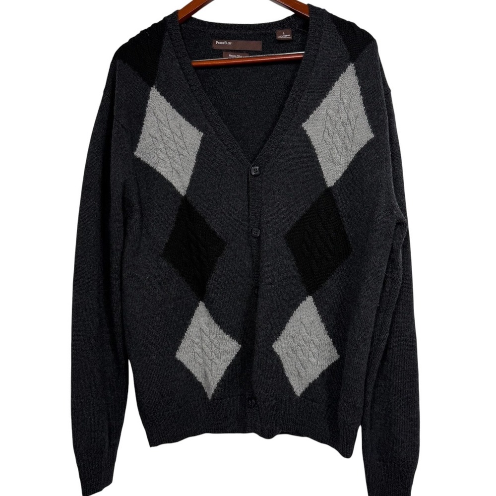 Perry Ellis Mens Merino Wool Argyle Cardigan Sweater Gray Black Large V-Neck